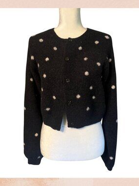 Isalis Black & White Polka Dot Cropped Bishop Sleeve Cardigan Sweater